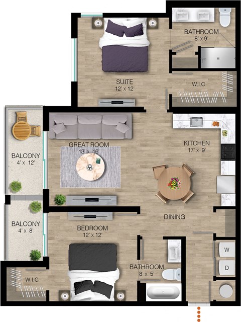 Floor plan for 2 beds, 2 baths, 1133 sqft